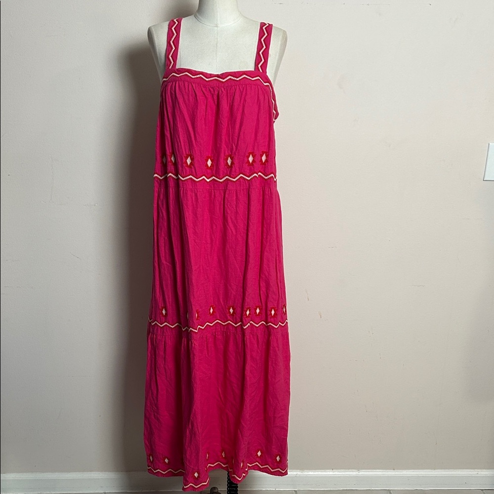 LOFT Linen Embroidered Tiered Square Neck Midi Dress - Pink Flare Large